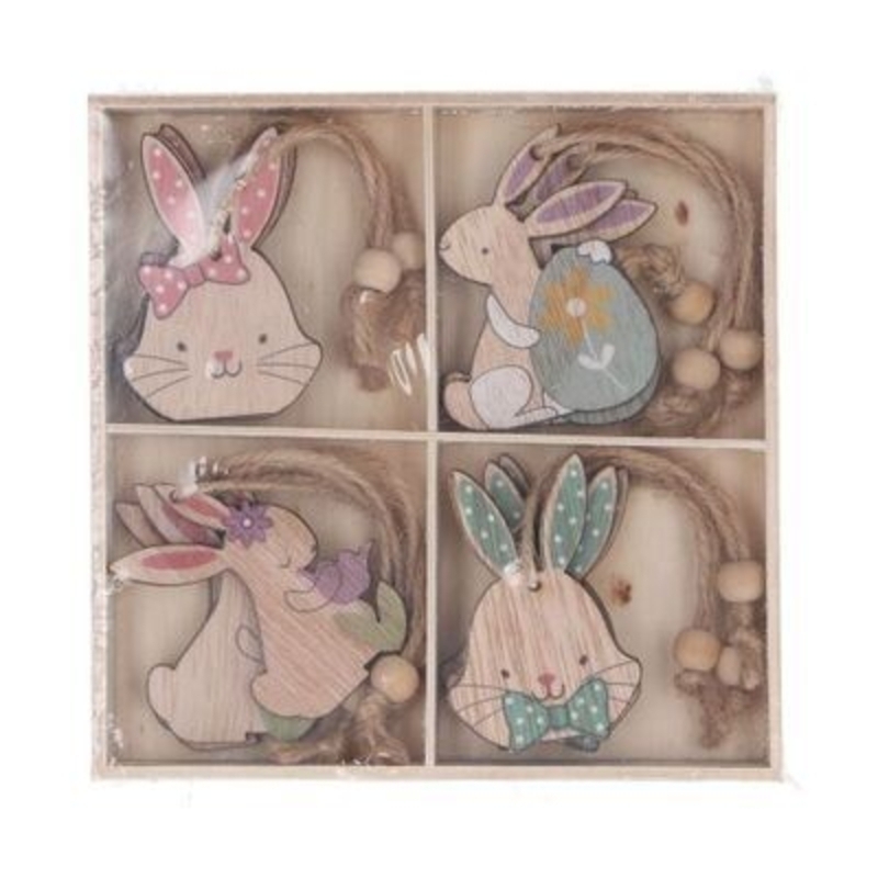 Wooden hanging bunny flat decorations in pastel blue and pink. The perfect addition to your home for Easter and Spring. Box of 12. By Gisela Graham.